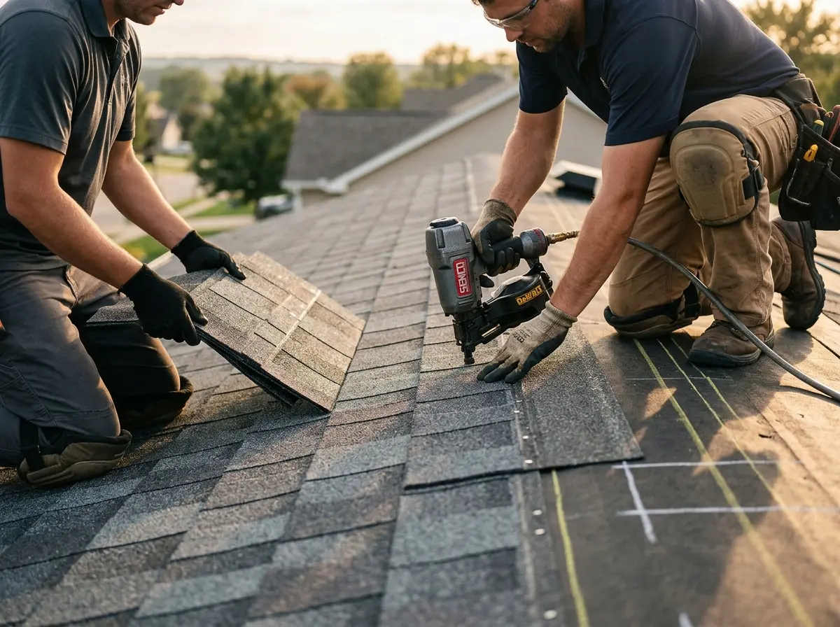 Professional roofer working on a residential roof in Upper Arlington